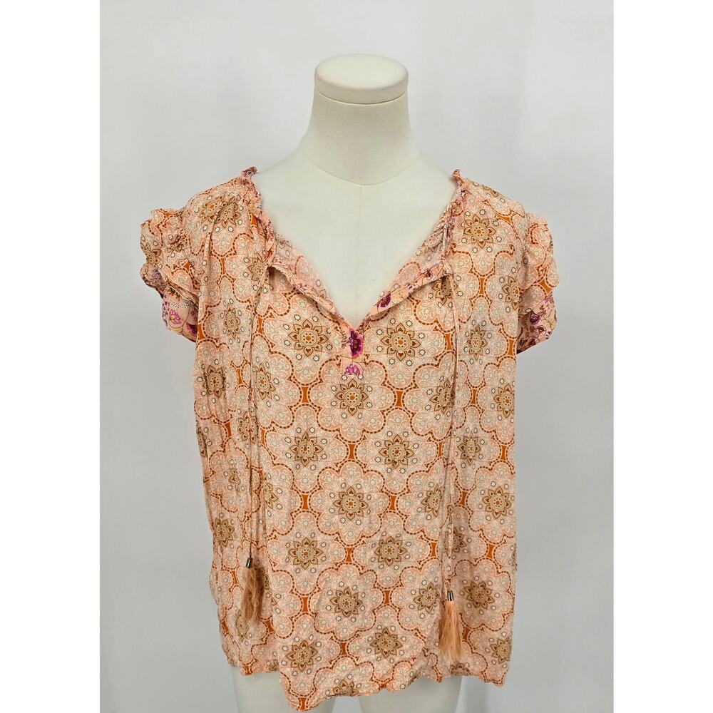 Rose + Olive Romantic Boho Festival Floral Tile Print Tassel Blouse